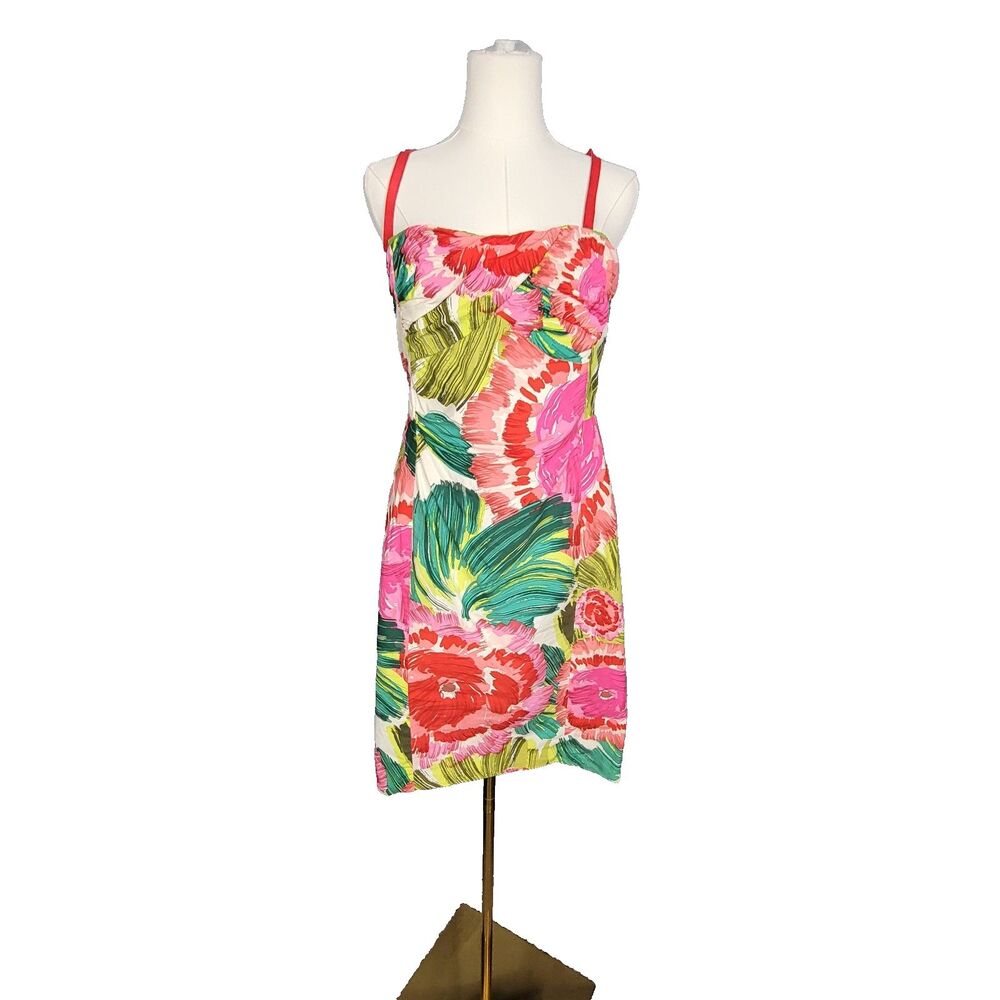Nanette Lepore Floral Cocktail Dress Size 8 Y2K Smocked Sides Made in USA
